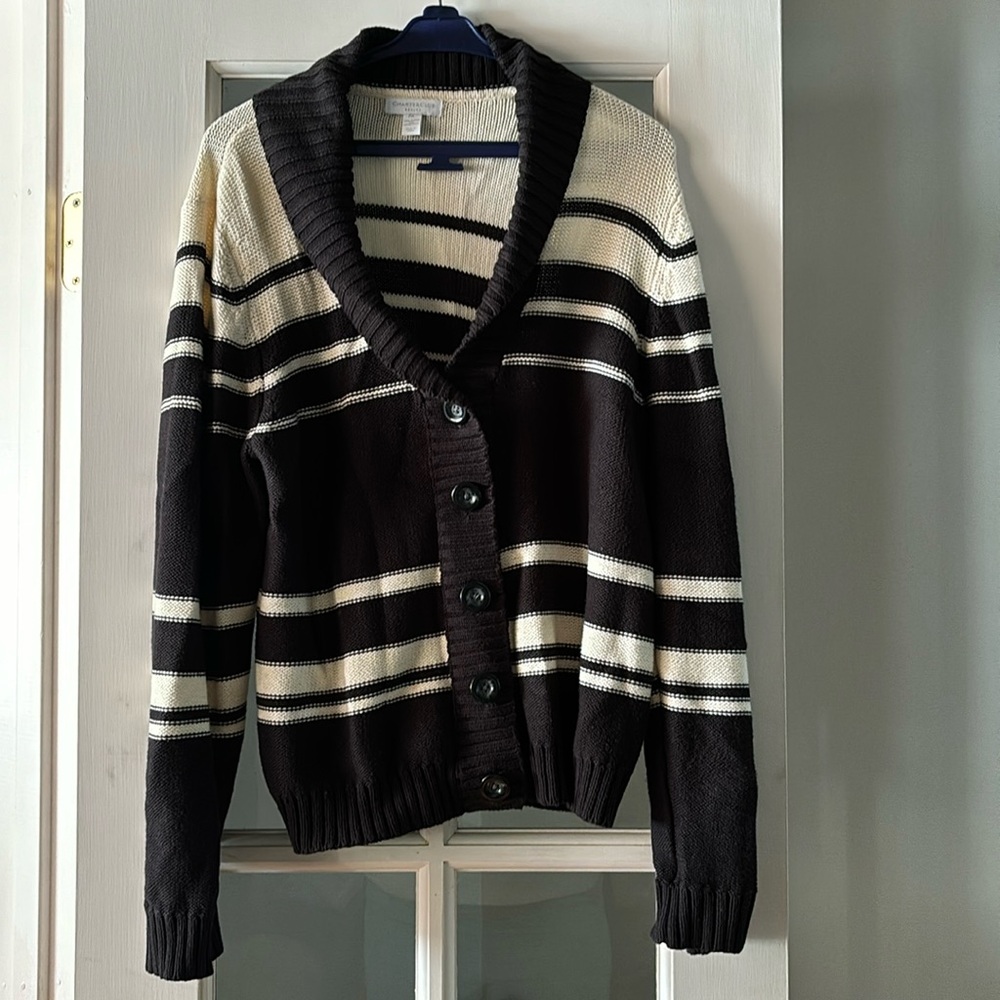 Charter Club  large stripped shawl collar cardigan ribbed preppy lg buttons SzPL